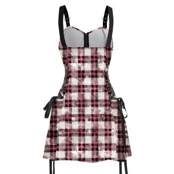 Plaid Print Vintage Dress Lace Up Buckle Strap Mini Dress for Vacation