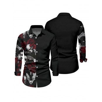 Men's Gothic Shirt Skulls Rose Print Long Sleeve Shirt for Halloween