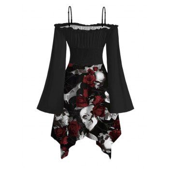 Gothic Couple Outfit Skull Rose Print Lace Up Off the Shoulder Handkerchief Dress and Shirt Set