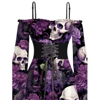 Skull Rose Print Gothic Dress for Halloween Lace Up Off the Shoulder Handkerchief Dress