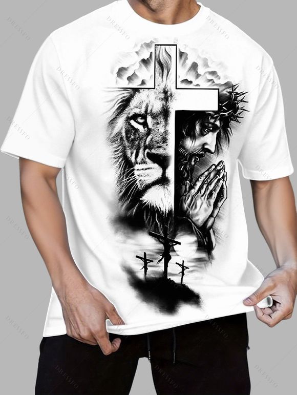 T-shirt gothique pour homme avec imprimé croix de lion pour les vacances - Blanc 2XL