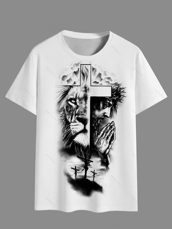 T-shirt gothique pour homme avec imprimé croix de lion pour les vacances - Blanc L