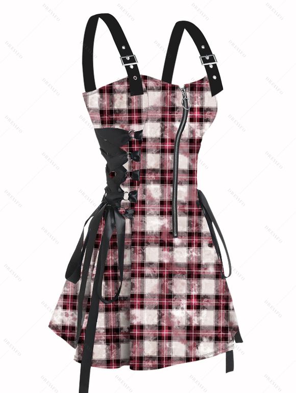 Robe vintage à carreaux, mini-robe à lacets et bretelles à boucle pour les vacances - Rose clair XL | US 12