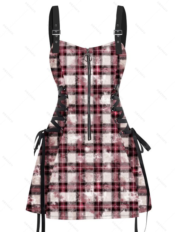 Robe vintage à carreaux, mini-robe à lacets et bretelles à boucle pour les vacances - Rose clair M | US 6