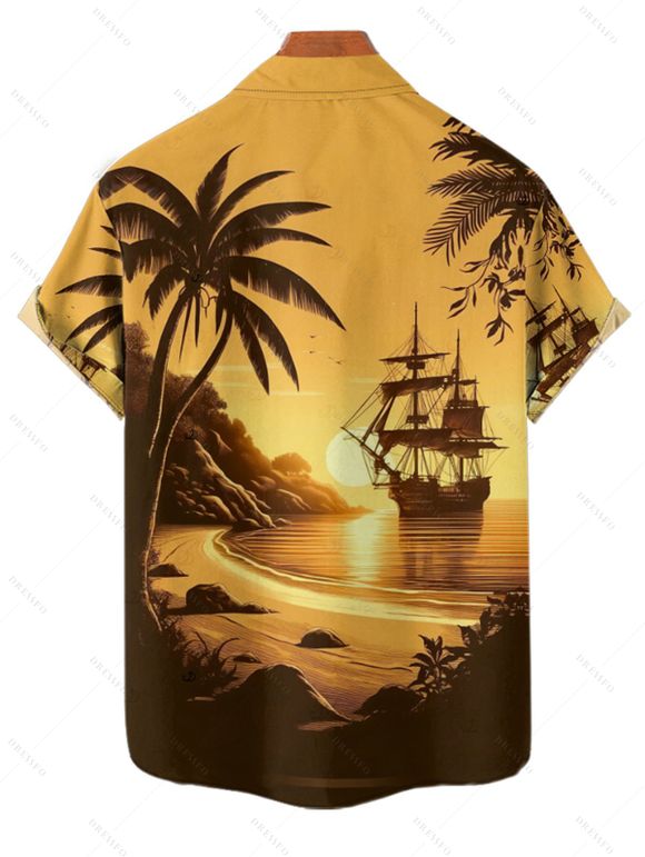 Chemise boutonnée à imprimé paysage de cocotiers pour homme, idéale pour les vacances à la plage - Jaune L