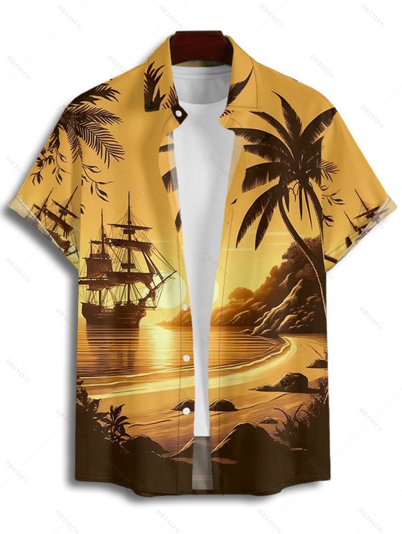 Chemise boutonnée à imprimé paysage de cocotiers pour homme, idéale pour les vacances à la plage - Jaune L