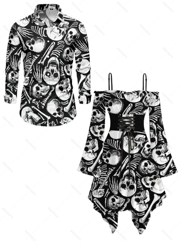 Gothic Couple Outfit for Halloween Skull Skeleton Print Lace Up Asymmetrical Dress and Shirt Set - Noir S | US 4