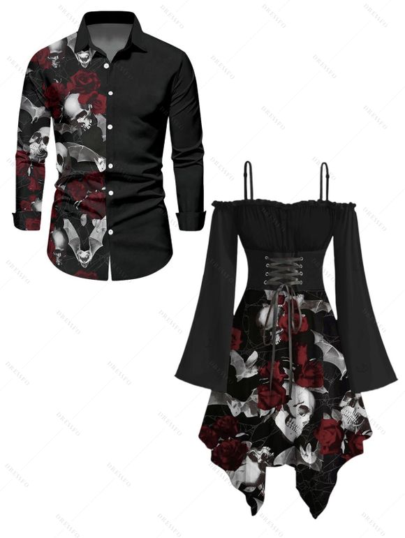 Gothic Couple Outfit Skull Rose Print Lace Up Off the Shoulder Asymmetrical Dress and Shirt Set - Noir S | US 4