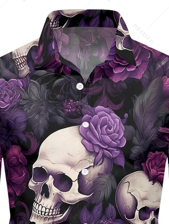 Chemise gothique à manches longues pour homme, motif tête de mort et roses, pour Halloween - Concorde 4XL