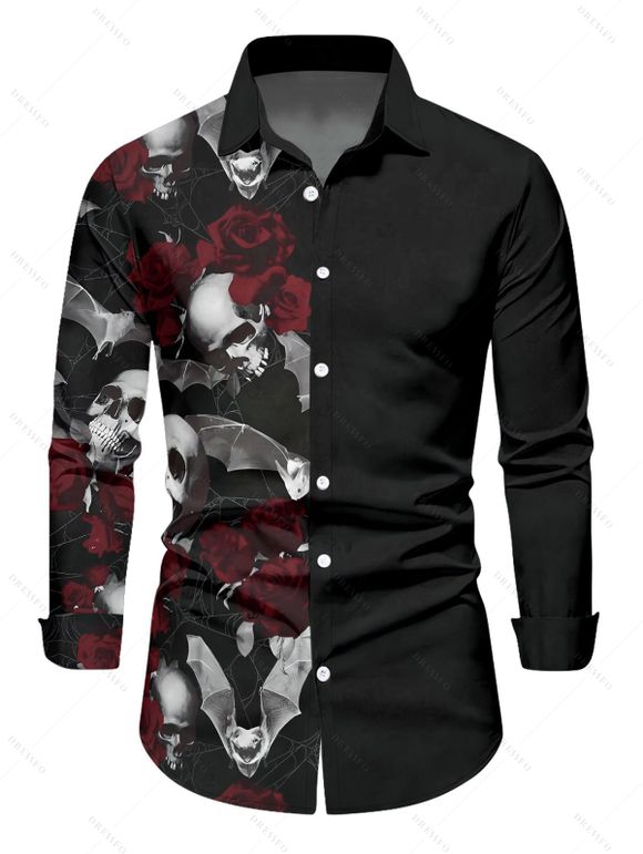 Gothic Couple Outfit Skull Rose Print Lace Up Off the Shoulder Handkerchief Dress and Shirt Set - Noir S | US 4