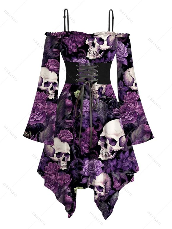 Gothic Couple Outfit Rose Skulls Print Lace Up Handkerchief Dress and Shirt Set for Halloween - Concorde S | US 4