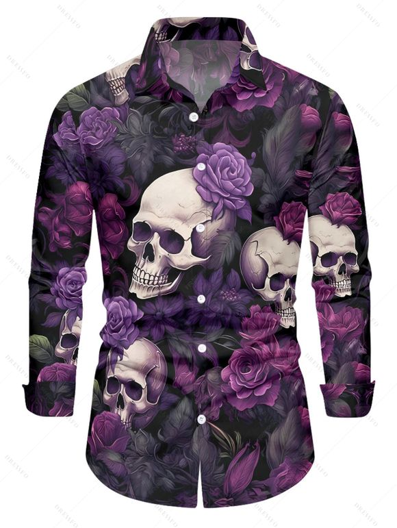 Gothic Couple Outfit Rose Skulls Print Lace Up Handkerchief Dress and Shirt Set for Halloween - Concorde S | US 4