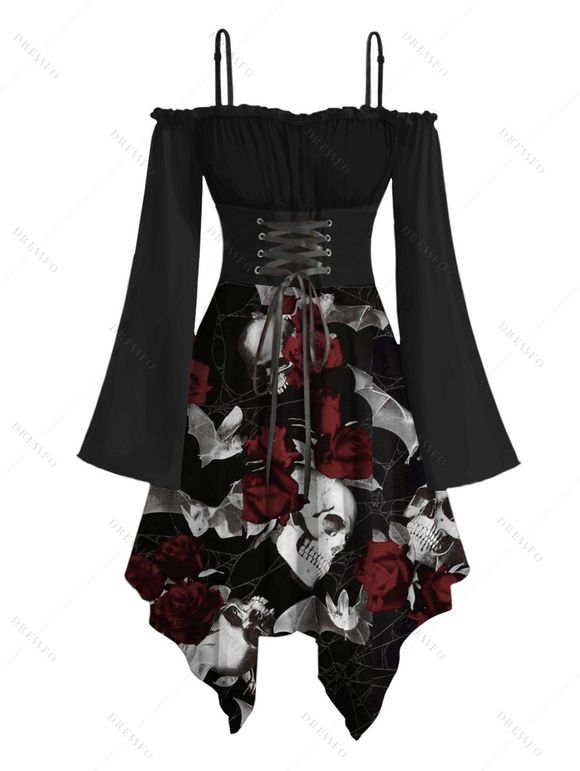 Gothic Couple Outfit Skull Rose Print Lace Up Off the Shoulder Handkerchief Dress and Shirt Set - Noir S | US 4