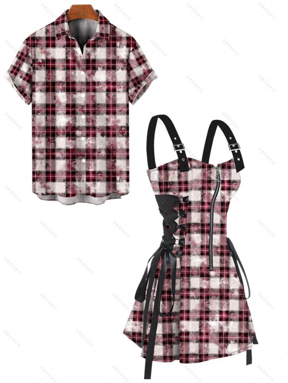 Vintage Couple Outfit for Vacation Plaid Print Lace Up Buckle Strap Dress and Shirt Set - Rose clair S | US 4
