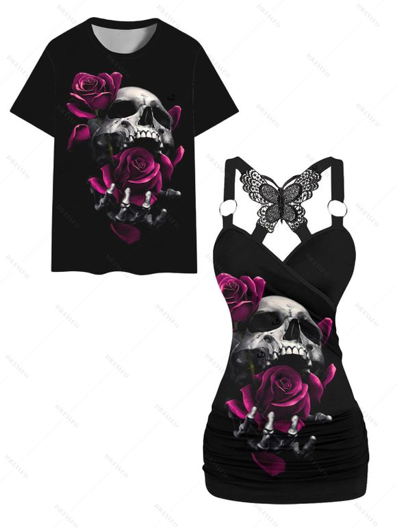 Gothic Couple Outfit Rose Skulls Pattern Butterfly Lace Tank Top and T Shirt Set for Halloween - Noir S | US 4