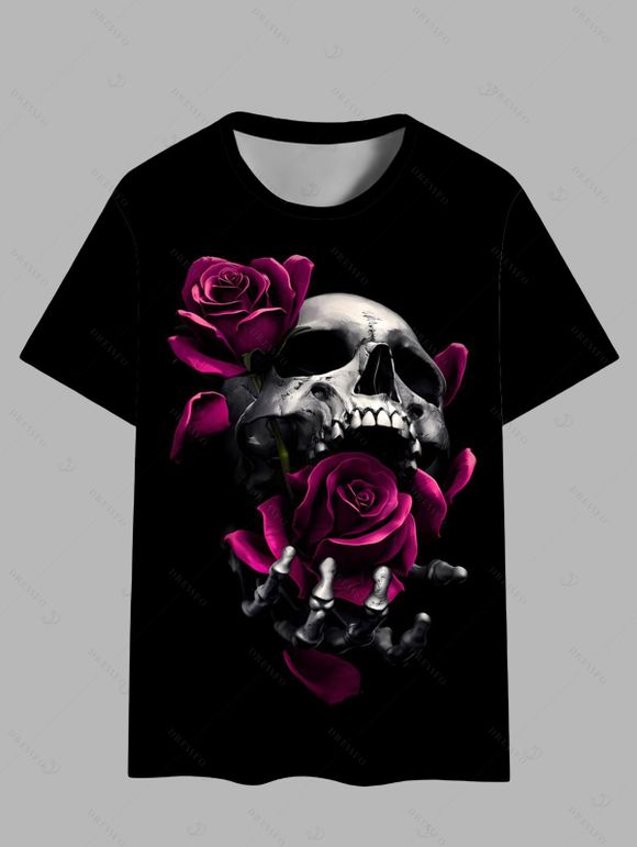 Gothic Couple Outfit Rose Skulls Pattern Butterfly Lace Tank Top and T Shirt Set for Halloween - Noir S | US 4