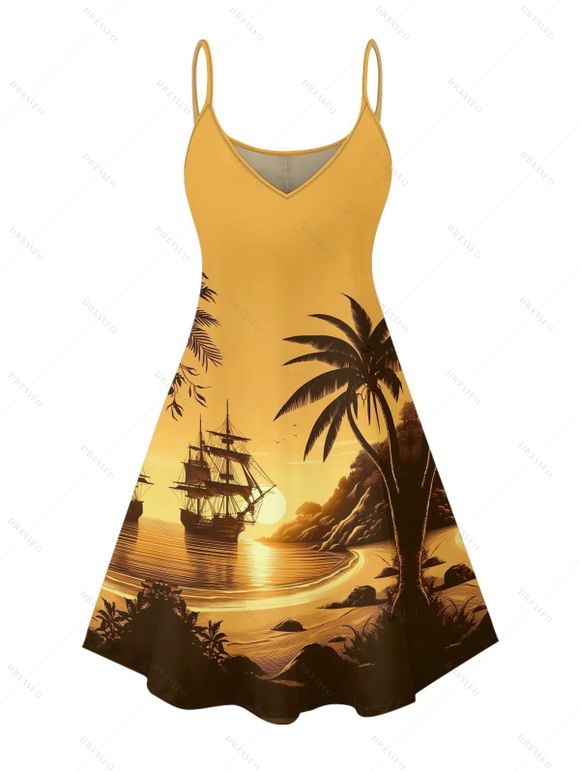 Robe de vacances pour la plage, mini-robe à bretelles spaghetti à imprimé paysage de cocotiers - Jaune XXXXXL | US 20