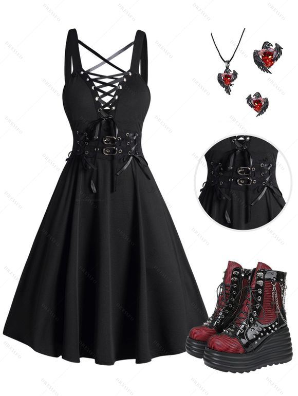 Gothic Women Outfit for Halloween Lace Up Buckle Crisscross Mini Dress and Rivet Boots Necklace Earrings Set - Noir S | US 4