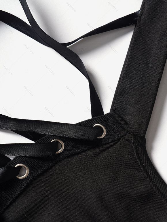 Gothic Women Outfit for Halloween Lace Up Buckle Crisscross Mini Dress and Rivet Boots Necklace Earrings Set - Noir S | US 4