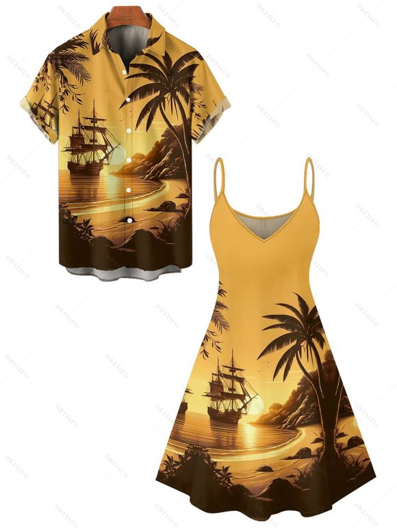 Vacation Couple Outfit for Beach Coconut Tree Print Spaghetti Strap Dress and Shirt Set - Jaune S | US 4