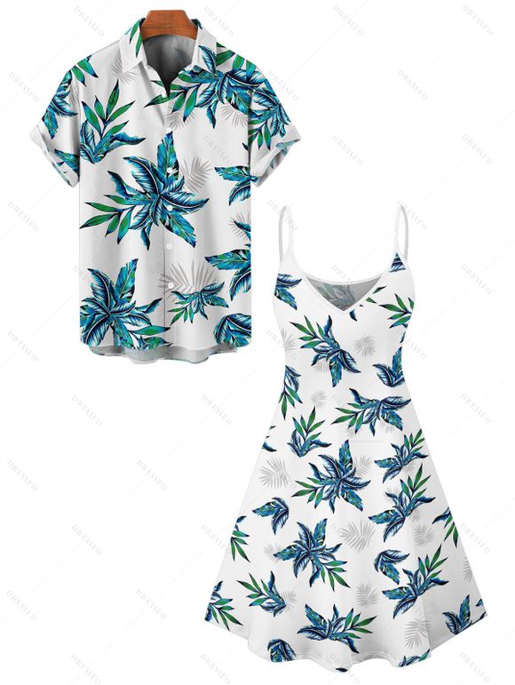 Hawaii Couple Outfit Tropical Plant Print Spaghetti Strap V Neck A Line Mini Tank Dress and Roll Up Sleeve Shirt Vacation Matching Outfit - Blanc S | US 4