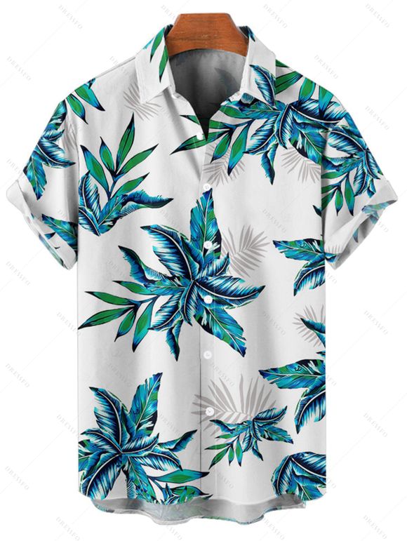 Hawaii Couple Outfit Tropical Plant Print Spaghetti Strap V Neck A Line Mini Tank Dress and Roll Up Sleeve Shirt Vacation Matching Outfit - Blanc S | US 4