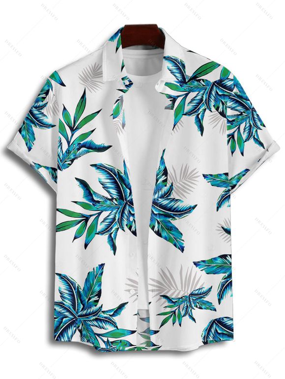 Hawaii Couple Outfit Tropical Plant Print Spaghetti Strap V Neck A Line Mini Tank Dress and Roll Up Sleeve Shirt Vacation Matching Outfit - Blanc S | US 4