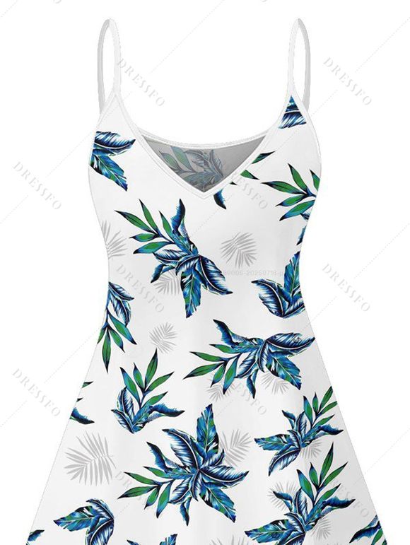 Hawaii Couple Outfit Tropical Plant Print Spaghetti Strap V Neck A Line Mini Tank Dress and Roll Up Sleeve Shirt Vacation Matching Outfit - Blanc S | US 4
