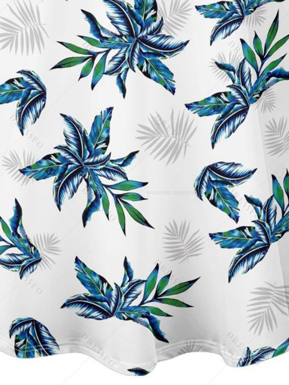 Hawaii Couple Outfit Tropical Plant Print Spaghetti Strap V Neck A Line Mini Tank Dress and Roll Up Sleeve Shirt Vacation Matching Outfit - Blanc S | US 4