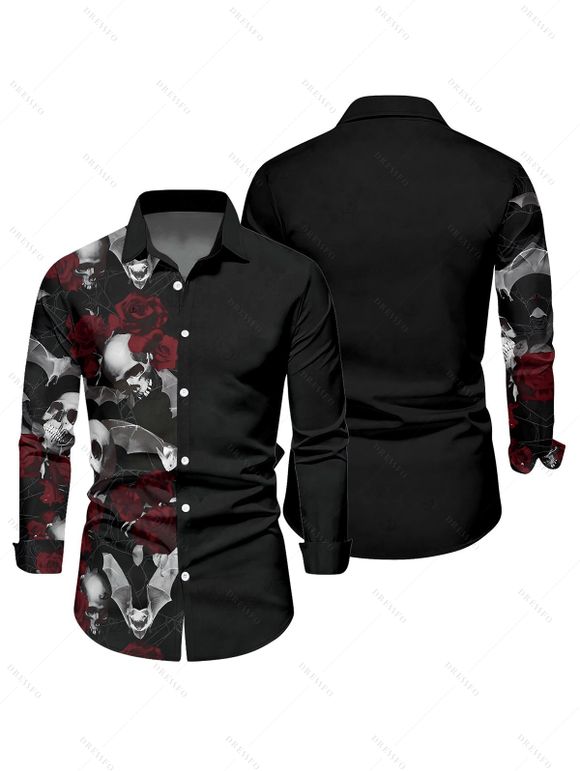 Chemise gothique à manches longues pour homme, imprimé tête de mort et roses, pour Halloween - Noir 4XL
