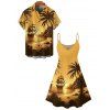 Vacation Couple Outfit for Beach Coconut Tree Print Spaghetti Strap Dress and Shirt Set - Jaune S | US 4