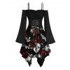 Robe gothique asymétrique à lacets et épaules dénudées avec imprimé tête de mort et roses pour Halloween - Noir XXL | US 14