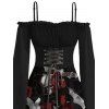 Robe gothique asymétrique à lacets et épaules dénudées avec imprimé tête de mort et roses pour Halloween - Noir XXL | US 14