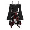 Robe gothique asymétrique à lacets et épaules dénudées avec imprimé tête de mort et roses pour Halloween - Noir XXL | US 14