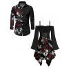 Gothic Couple Outfit Skull Rose Print Lace Up Off the Shoulder Asymmetrical Dress and Shirt Set - Noir S | US 4