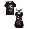 Gothic Couple Outfit Rose Skulls Pattern Butterfly Lace Tank Top and T Shirt Set for Halloween - Noir S | US 4