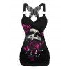 Gothic Couple Outfit Rose Skulls Pattern Butterfly Lace Tank Top and T Shirt Set for Halloween - Noir S | US 4