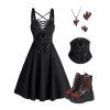 Gothic Women Outfit for Halloween Lace Up Buckle Crisscross Mini Dress and Rivet Boots Necklace Earrings Set - Noir S | US 4