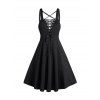 Gothic Women Outfit for Halloween Lace Up Buckle Crisscross Mini Dress and Rivet Boots Necklace Earrings Set - Noir S | US 4