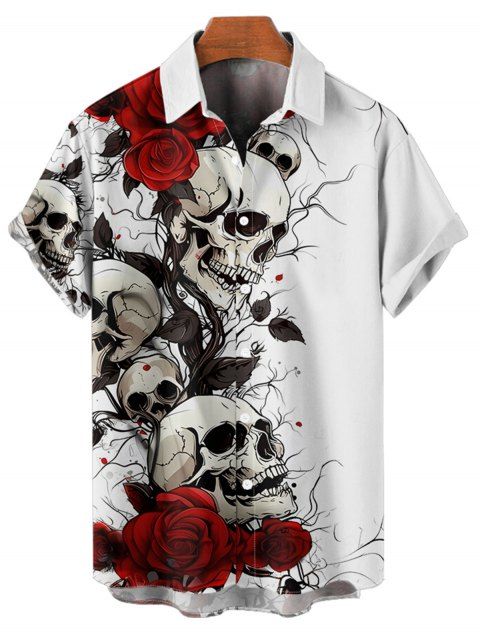 Chemise boutonnée gothique pour homme, motif tête de mort et roses, pour Halloween