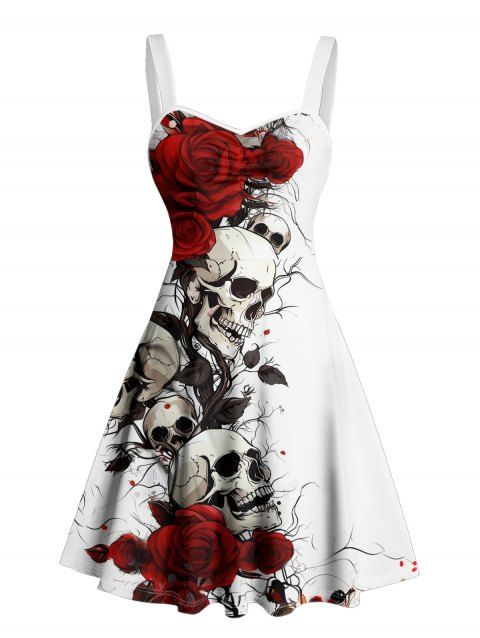 Robe gothique mini à imprimé tête de mort et roses, buste froncé, pour Halloween
