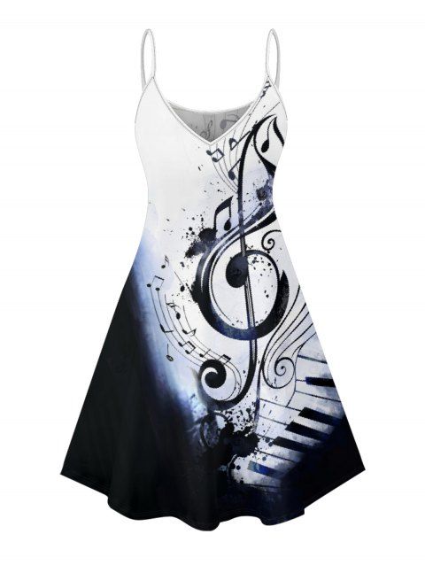 Robe de vacances colorblock, mini-robe à bretelles spaghetti et imprimé notes de musique