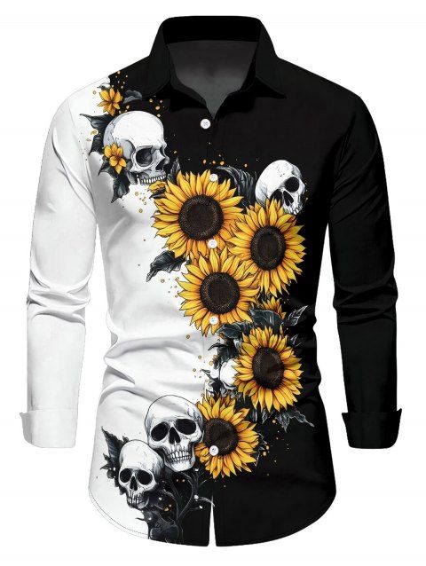 Chemise gothique pour homme, imprimé tournesols et têtes de mort, couleur contrastée, boutonnée, pour Halloween