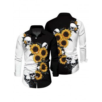 Men's Gothic Shirt Sunflower Skulls Print Contrast Color Button Up Shirt for Halloween