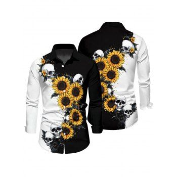 Gothic Couple Outfit Sunflower Skulls Print Lace Up Handkerchief Dress and Shirt Set for Halloween