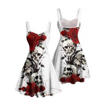 Gothic Dress Rose Skulls Print Ruched Bust Mini Dress for Halloween