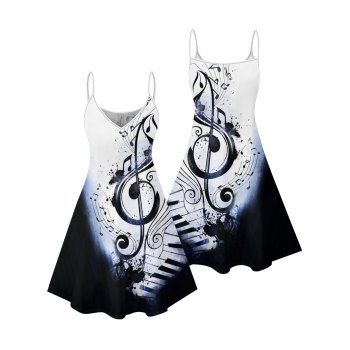 Vacation Couple Outfit Colorblock Music Note Print Mini Dress and Shirt Set