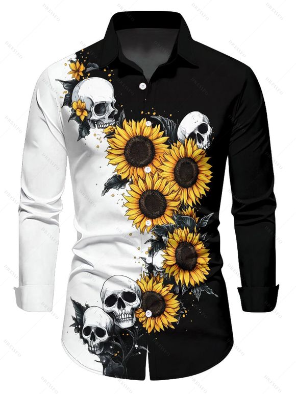 Chemise gothique pour homme, imprimé tournesols et têtes de mort, couleur contrastée, boutonnée, pour Halloween - Noir 5XL
