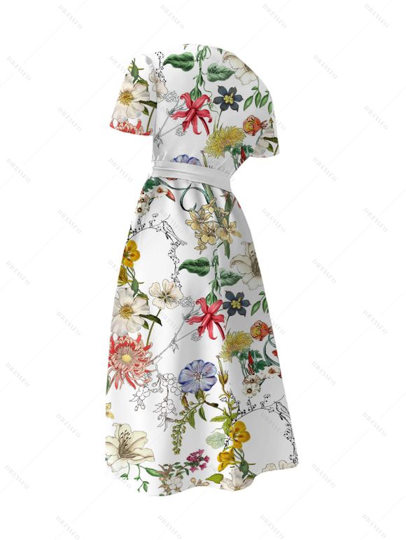 Robe de vacances à imprimé floral et feuilles, robe mi-longue à ceinture fleurie - Blanc S | US 4