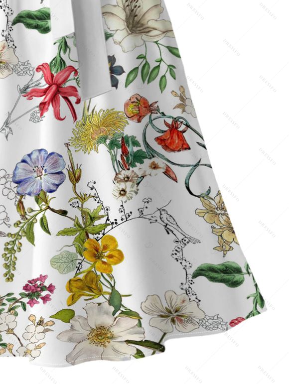 Robe de vacances à imprimé floral et feuilles, robe mi-longue à ceinture fleurie - Blanc S | US 4